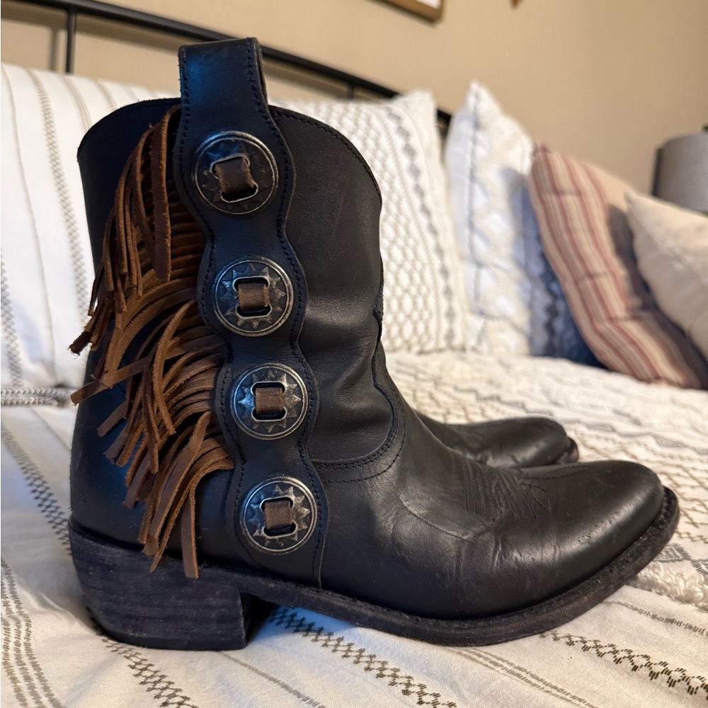 LIBERTY Black Leather Heeled Boots with Fringe
